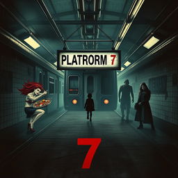 A psychological horror movie poster titled 'PLATFORM 7', featuring a subway train looming ominously over a section of a desolate, decayed subway platform
