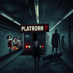 A psychological horror movie poster titled 'PLATFORM 7', featuring a subway train looming ominously over a section of a desolate, decayed subway platform