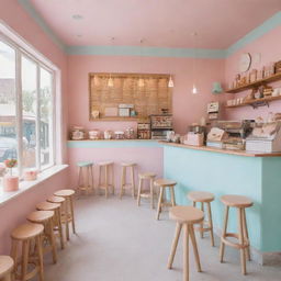 The cozy interior of an ice cream cafe with pastel tones, whimsical decor, dotted with wooden tables and chairs, and a counter presenting a selection of delectable flavors.