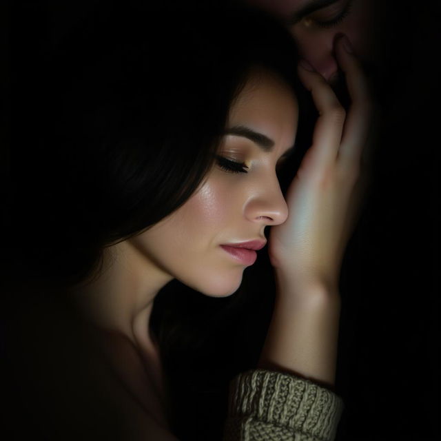 A romantic yet melancholic scene featuring a woman with dark brown hair in a soft side profile, leaning against a manly hand with a goatee that caresses her cheek