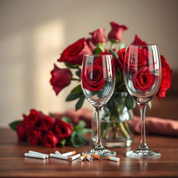 A beautifully arranged still life composition featuring a vase of vibrant red roses, an elegant pair of empty wine glasses reflecting light, and a few scattered cigarettes artfully placed on a wooden table