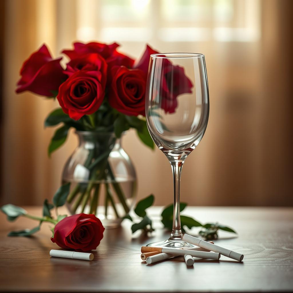 A beautifully arranged still life composition featuring a vase of vibrant red roses, an elegant pair of empty wine glasses reflecting light, and a few scattered cigarettes artfully placed on a wooden table