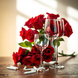 A beautifully arranged still life composition featuring a vase of vibrant red roses, an elegant pair of empty wine glasses reflecting light, and a few scattered cigarettes artfully placed on a wooden table