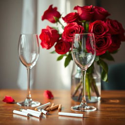 A beautifully arranged still life composition featuring a vase of vibrant red roses, an elegant pair of empty wine glasses reflecting light, and a few scattered cigarettes artfully placed on a wooden table