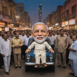 An inviting scene of a caricature of Narendra Modi as a 'mafia' don, surrounded by his posse on a lively Indian street, all dressed in stylized gangster attire, under an evening city skyline.