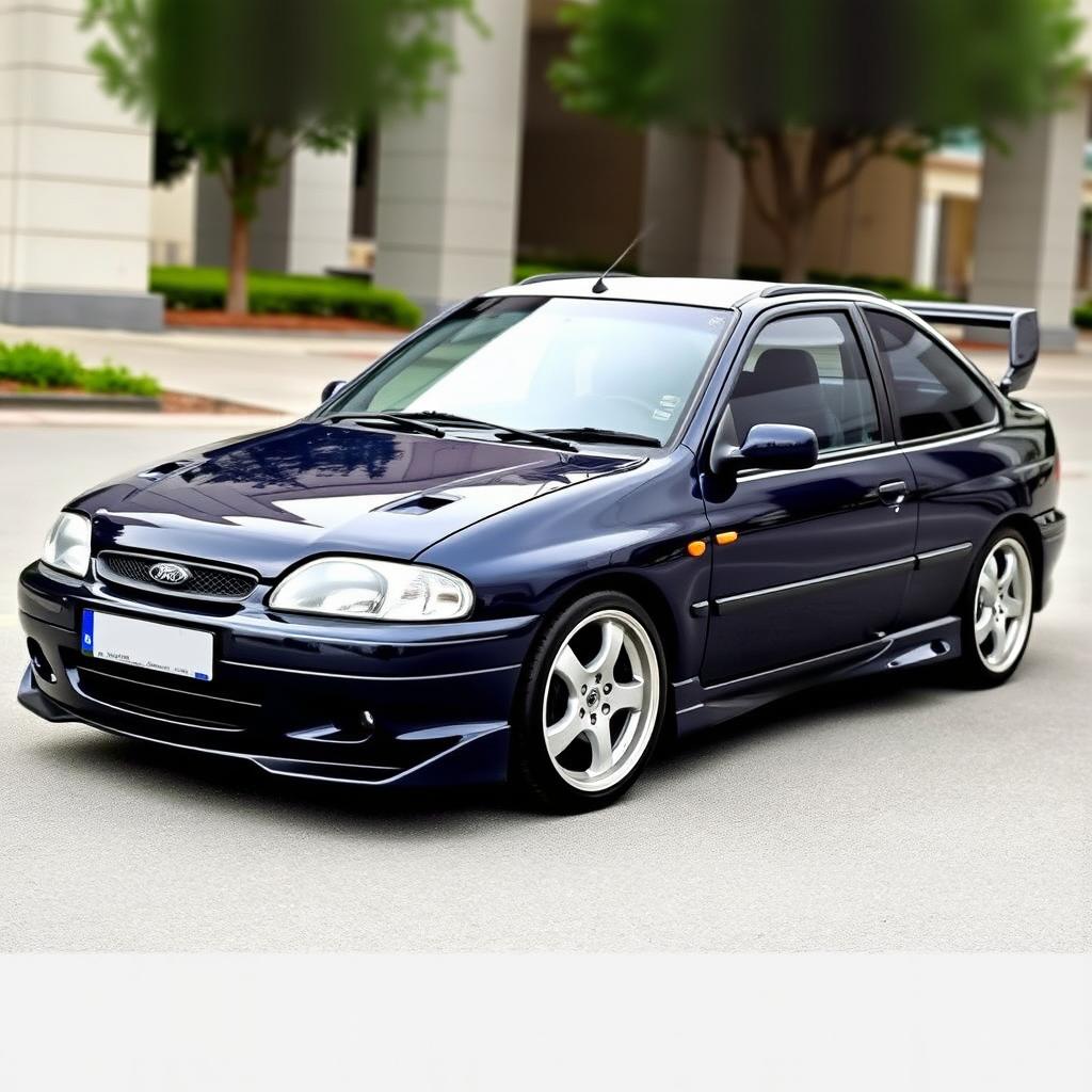 A stunning 2000 Ford Escort, featuring a deep navy blue body with a contrasting white roof