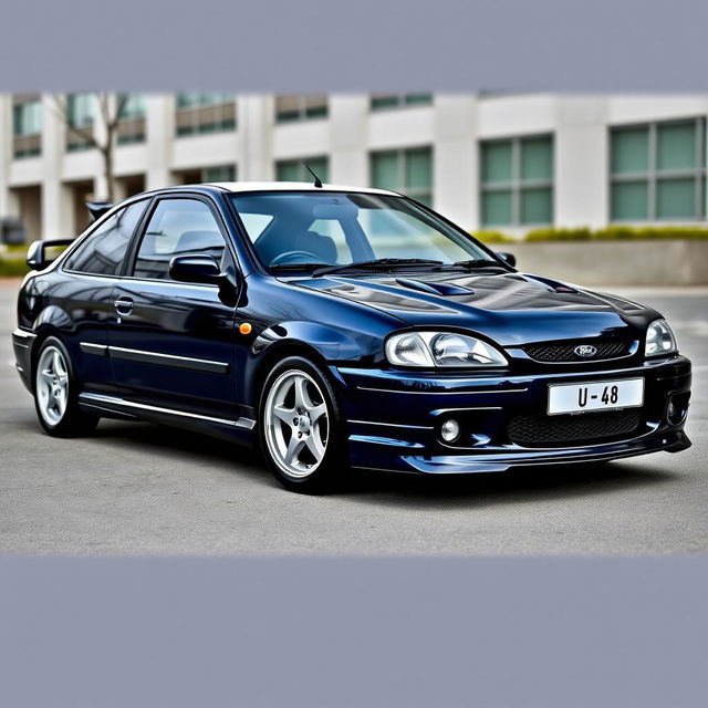 A stunning 2000 Ford Escort, featuring a deep navy blue body with a contrasting white roof