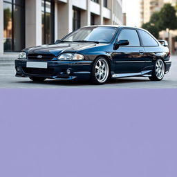 A stunning 2000 Ford Escort, featuring a deep navy blue body with a contrasting white roof