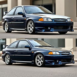 A stunning 2000 Ford Escort, featuring a deep navy blue body with a contrasting white roof