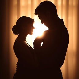 A romantic picture showcasing the silhouettes of a woman and a man embracing each other