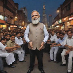 An inviting scene of a caricature of Narendra Modi as a 'mafia' don, surrounded by his posse on a lively Indian street, all dressed in stylized gangster attire, under an evening city skyline.