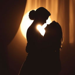 A romantic picture showcasing the silhouettes of a woman and a man embracing each other