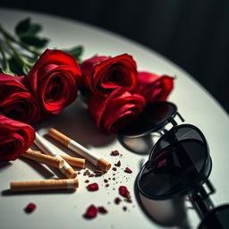 A still life composition focusing on a table adorned with vibrant red roses, a few scattered cigarettes, and a pair of broken black sunglasses