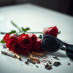 A still life composition focusing on a table adorned with vibrant red roses, a few scattered cigarettes, and a pair of broken black sunglasses