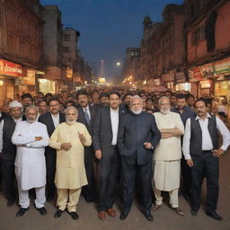 An inviting scene of a caricature of Narendra Modi as a 'mafia' don, surrounded by his posse on a lively Indian street, all dressed in stylized gangster attire, under an evening city skyline.