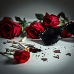 A still life composition focusing on a table adorned with vibrant red roses, a few scattered cigarettes, and a pair of broken black sunglasses