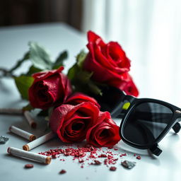 A still life composition focusing on a table adorned with vibrant red roses, a few scattered cigarettes, and a pair of broken black sunglasses