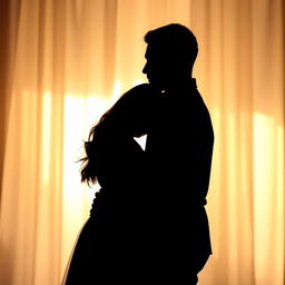 A romantic picture showcasing the silhouettes of a woman and a man tenderly embracing each other, their shadows beautifully intertwined