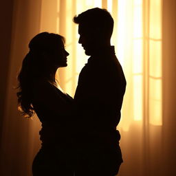 A romantic picture showcasing the silhouettes of a woman and a man tenderly embracing each other, their shadows beautifully intertwined