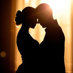 A romantic picture showcasing the silhouettes of a woman and a man tenderly embracing each other, their shadows beautifully intertwined