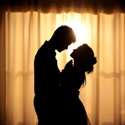 A romantic picture showcasing the silhouettes of a woman and a man tenderly embracing each other, their shadows beautifully intertwined