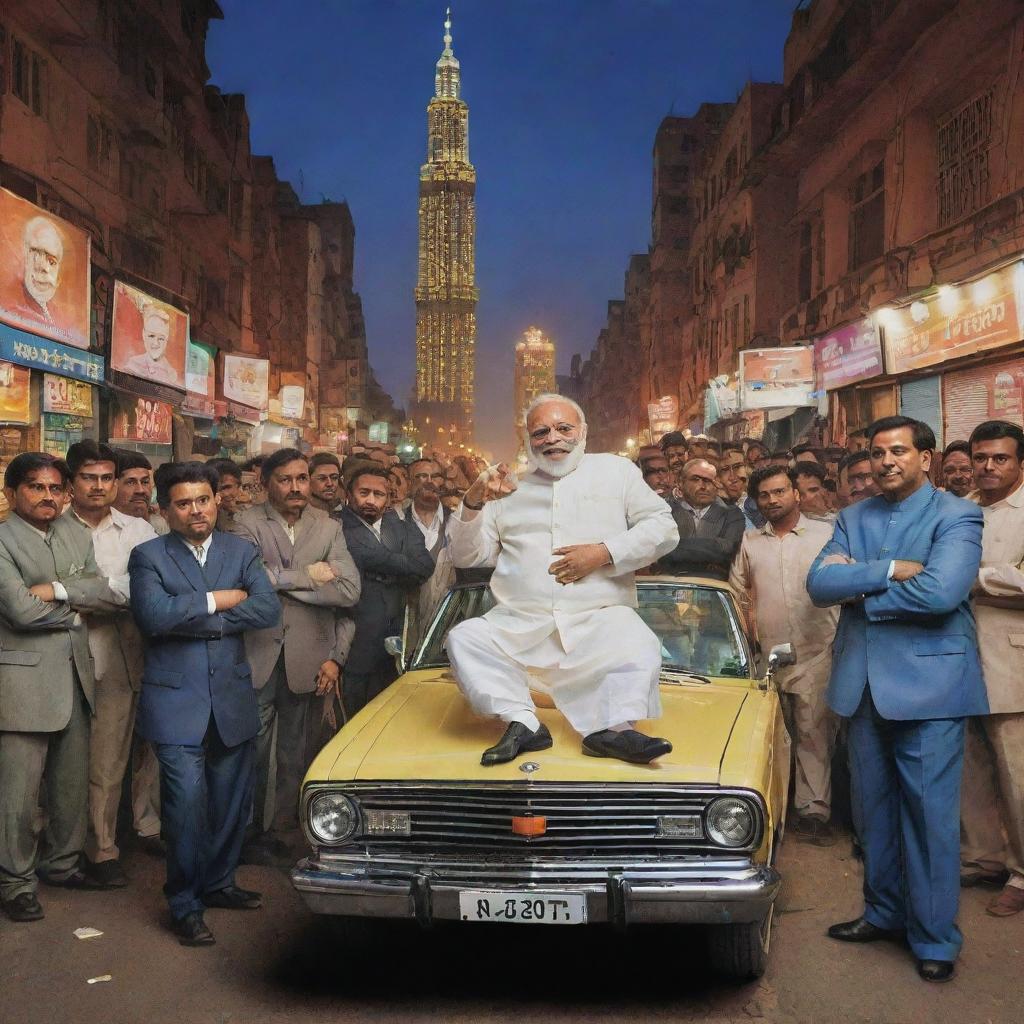 An inviting scene of a caricature of Narendra Modi as a 'mafia' don, surrounded by his posse on a lively Indian street, all dressed in stylized gangster attire, under an evening city skyline.