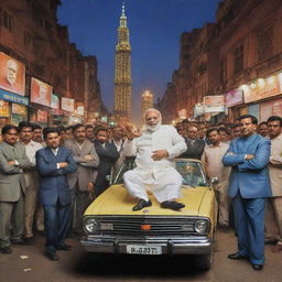 An inviting scene of a caricature of Narendra Modi as a 'mafia' don, surrounded by his posse on a lively Indian street, all dressed in stylized gangster attire, under an evening city skyline.