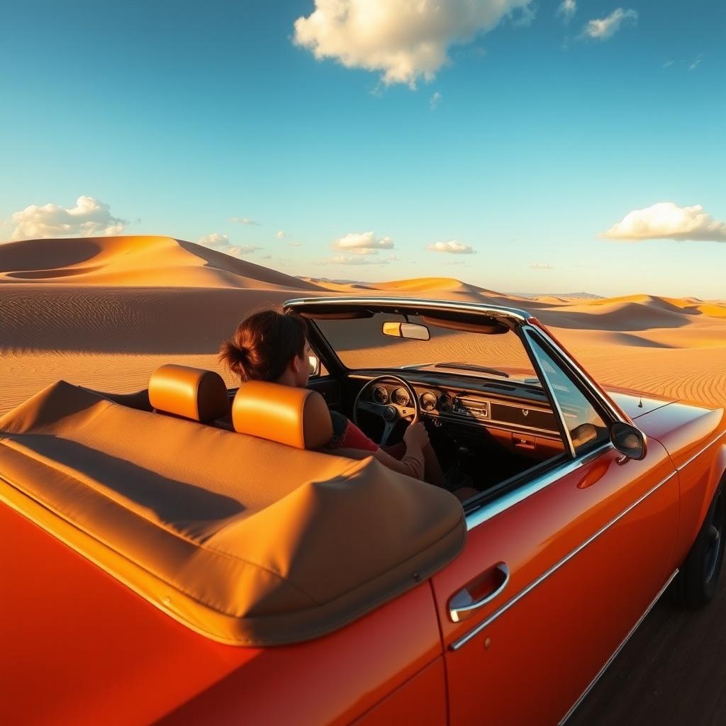 A classic Ford Escort XR3 convertible, with the soft top down, cruising in a picturesque desert landscape during a beautiful late afternoon