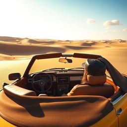 A classic Ford Escort XR3 convertible, with the soft top down, cruising in a picturesque desert landscape during a beautiful late afternoon