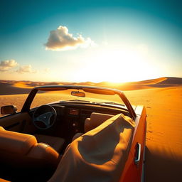 A classic Ford Escort XR3 convertible, with the soft top down, cruising in a picturesque desert landscape during a beautiful late afternoon