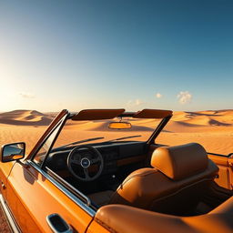 A classic Ford Escort XR3 convertible, with the soft top down, cruising in a picturesque desert landscape during a beautiful late afternoon