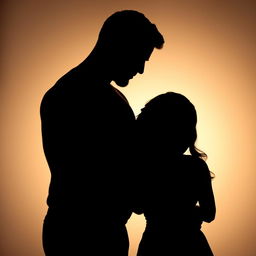 A romantic picture showcasing the silhouettes of a taller, more muscular man gently embracing a woman