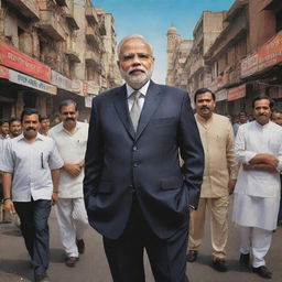 Caricature of Narendra Modi in a stylized 'mafia' avatar, posed with his crew on a bustling Indian street, all dressed in suave outfits, set under a dramatic cityscape.