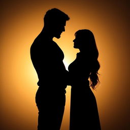 A romantic picture showcasing the silhouettes of a taller, more muscular man gently embracing a woman