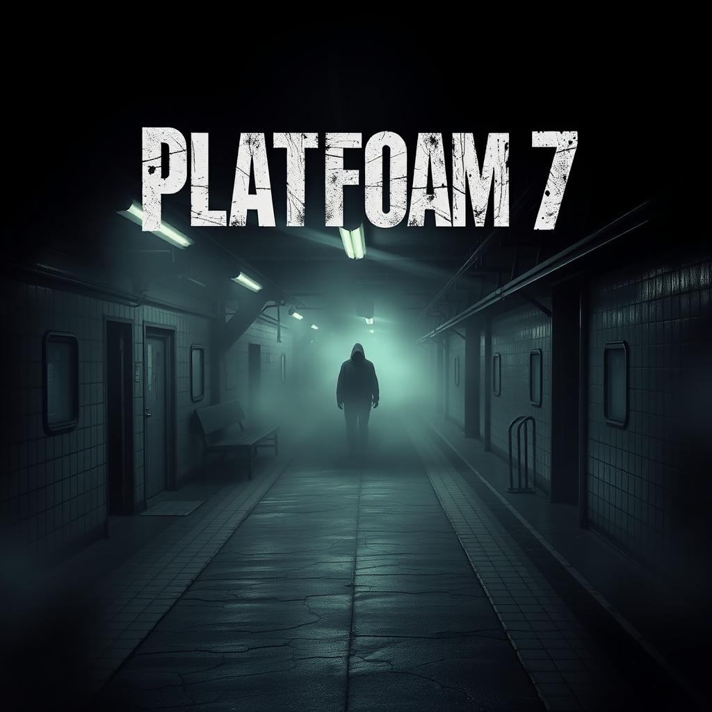 A chilling horror movie poster titled 'Platform 7', depicting a dark, foreboding subway platform