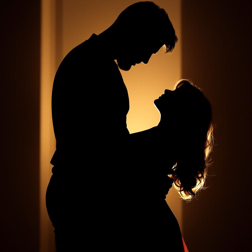 A romantic picture showcasing the silhouettes of a tall, well-built man gently embracing a woman, his shadow looking down at her affectionately