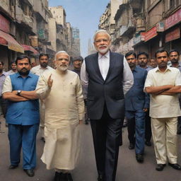 Caricature of Narendra Modi in a stylized 'mafia' avatar, posed with his crew on a bustling Indian street, all dressed in suave outfits, set under a dramatic cityscape.