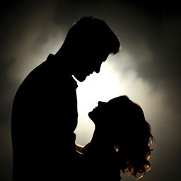 A romantic picture showcasing the silhouettes of a tall, well-built man gently embracing a woman, his shadow looking down at her affectionately