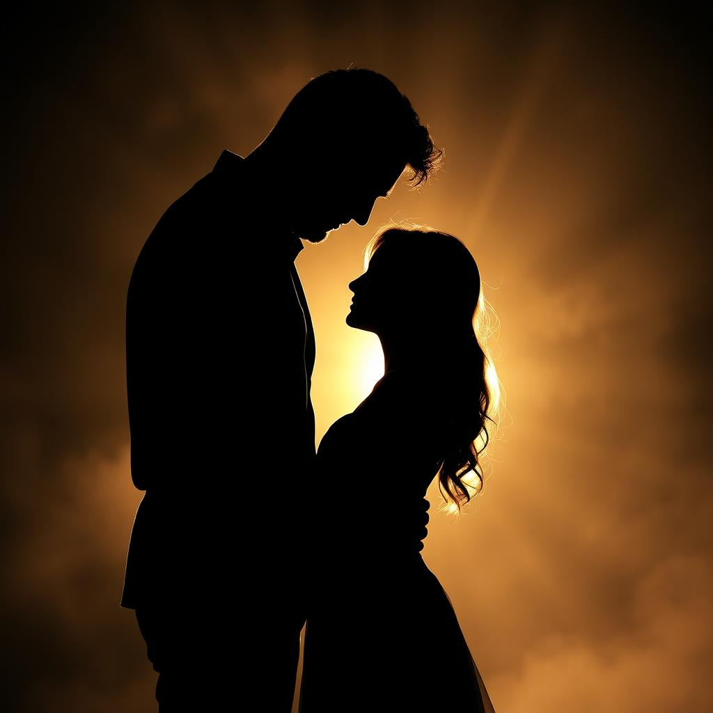 A romantic picture showcasing the silhouettes of a tall, well-built man gently embracing a woman, his shadow looking down at her affectionately