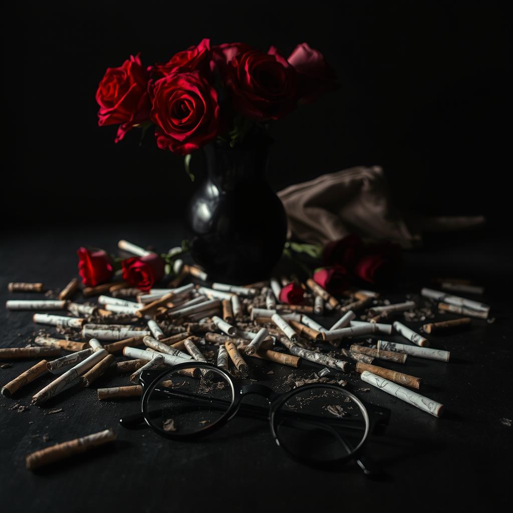 A moody still life scene on a table featuring a dark, elegant vase filled with fresh red roses, their vibrancy contrasting against the somber setting