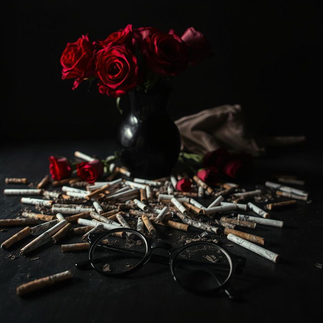 A moody still life scene on a table featuring a dark, elegant vase filled with fresh red roses, their vibrancy contrasting against the somber setting