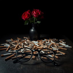 A moody still life scene on a table featuring a dark, elegant vase filled with fresh red roses, their vibrancy contrasting against the somber setting