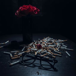 A moody still life scene on a table featuring a dark, elegant vase filled with fresh red roses, their vibrancy contrasting against the somber setting