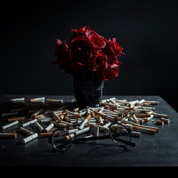 A moody still life scene on a table featuring a dark, elegant vase filled with fresh red roses, their vibrancy contrasting against the somber setting