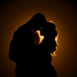 A romantic picture showcasing the silhouettes of a well-built man and a woman tenderly embracing each other, their shadows elegantly intertwined