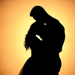 A romantic picture showcasing the silhouettes of a well-built man and a woman tenderly embracing each other, their shadows elegantly intertwined