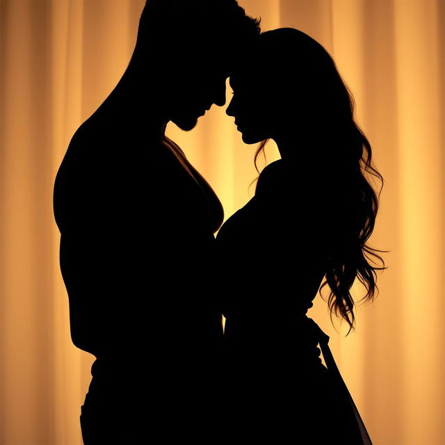 A romantic picture showcasing the silhouettes of a well-built man and a woman tenderly embracing each other, their shadows elegantly intertwined