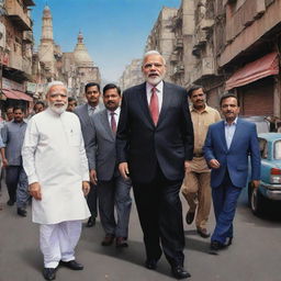 Caricature of Narendra Modi in a stylized 'mafia' avatar, posed with his crew on a bustling Indian street, all dressed in suave outfits, set under a dramatic cityscape.