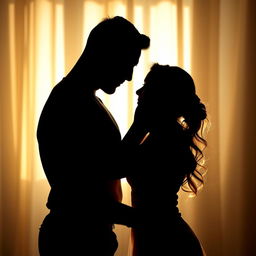 A romantic picture showcasing the silhouettes of a well-built man and a woman tenderly embracing each other, their shadows elegantly intertwined