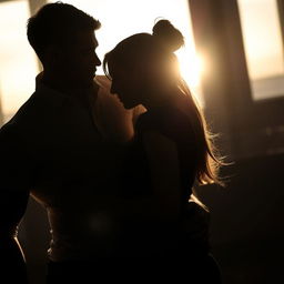 A romantic picture showcasing the silhouettes of a well-built man in a fitted shirt and a woman tenderly embracing each other